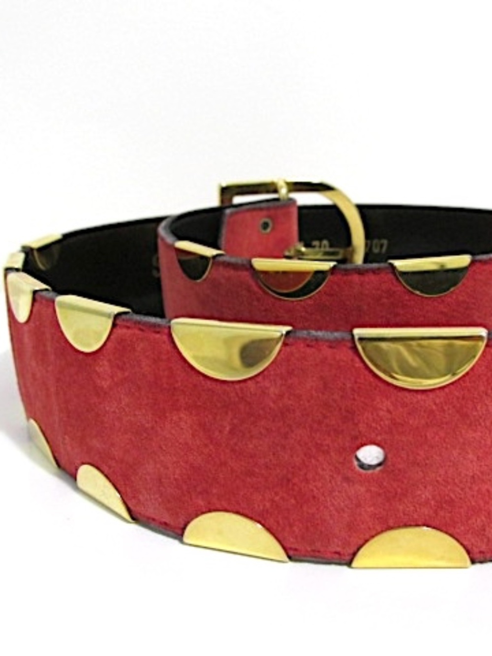 VTG Red Suede Leather Belt with Gold Metal Studs, Size S